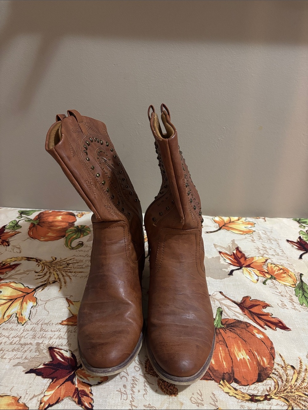 Brown Western Studded Leather Ankle Boots - Women's
